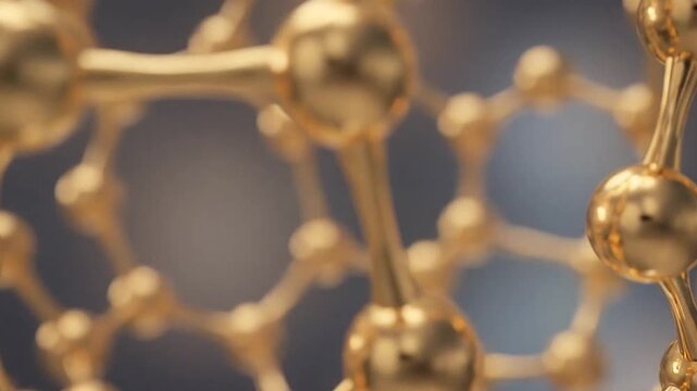 Close-up of a shimmering gold molecular structure, representing chemistry, science, and innovation.