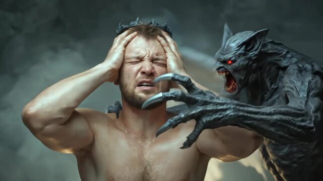 A man, wearing a thorny crown, clutches his head in anguish, signifying profound spiritual torment, a personal struggle, and the immense burden of power