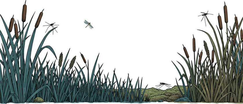 Vintage Hand Sketched Wetland Marsh Landscape Vector Panorama Featuring Cattails Reeds and Dragonflies with Etched Texture for Environmental Education and Nature Graphic Designs