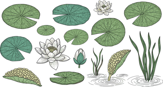 Vintage Hand Sketched Water Lily and Lily Pad Botanical Vector Set Featuring Blooming Flowers and Aquatic Foliage for Nature Education and Wellness Graphic Designs