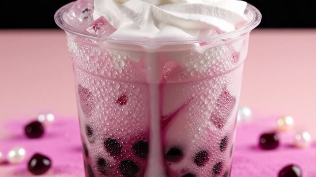 Delicious bubble tea in clear cup. Refreshing dessert features creamy foam and colorful pearls. Perfect treat for warm days and social gatherings.