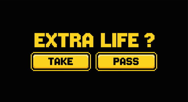 Retro pixel art gaming screen with extra life option in yellow and black