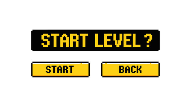 Retro pixel art game ui with start level button and navigation options