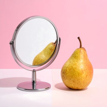 A fresh pear reflects in a round, silver mirror against a split-tone pink and white background