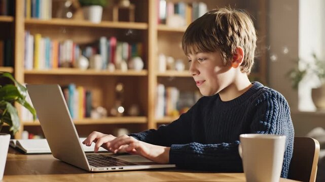 A young boy is sitting at a wooden desk, focused on his laptop screen while typing, participating in remote learning or an online class. The background shows a blurred bookshelf with books