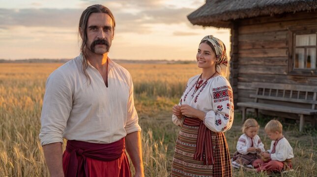 Cossack man standing near traditional village house with people, rural life, cultural heritage scene
