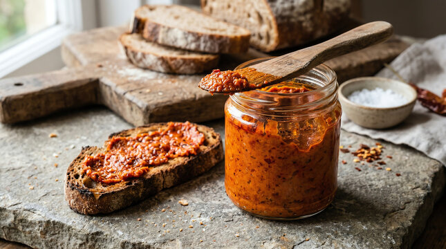 Nduja spicy spreadable salami in glass jar with wooden spreader on stone