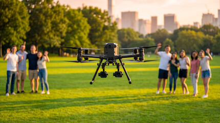 Obraz premium Advanced Quadcopter Drone Hovering Over Lush Green Park With City Skyline Background