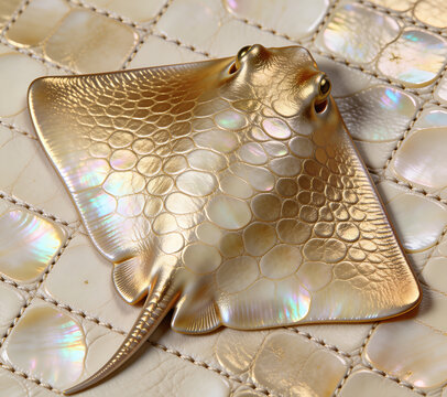 Luxurious golden stingray sculpture with iridescent shagreen texture on mother of pearl tiled background