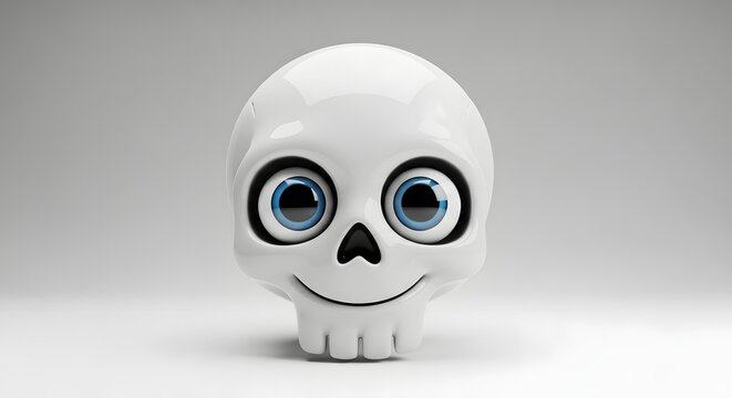 Smiling white skull with big blue eyes on gray background symbolizing halloween or day of the dead