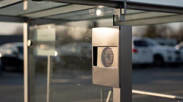 Angled approach of a single lane drivethru canopy framed in medium shot sunlight highlighting the weather shield and menu pod speaker while background fades out.