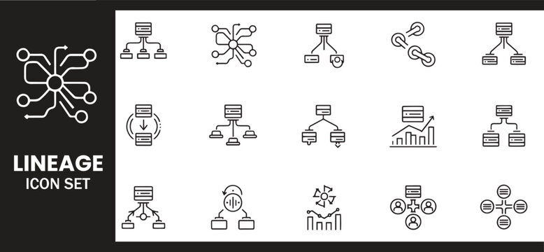 Data Lineage and Network Server Architecture Icon Set for Data Governance