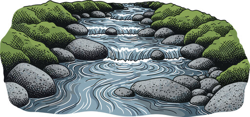 Vintage Hand Sketched Rocky Stream and Waterfall Vector Scene Featuring Mossy Boulders and Rippling Water Cascades with Etched Texture for Landscape and Wellness Graphic Designs © Fahim
