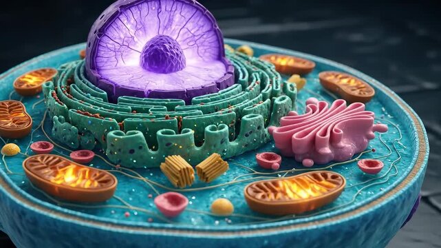 Cell, depicting vibrant animal cell with illuminated nucleus, active mitochondrion producing energy, endoplasmic reticulum, golgi apparatus, ribosome, vesicle.