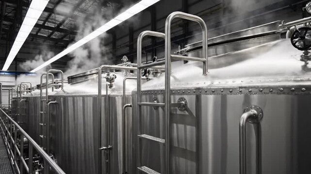 Industrial stainless steel tanks with steam in a modern factory