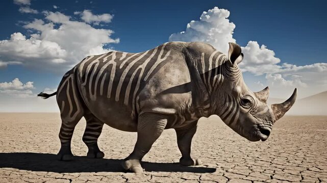 Stunning striped rhinoceros walks across arid landscape. Unique animal showcases vibrancy against dry terrain. Majestic presence captivates viewers. Breathtaking nature scene highlights wildlife