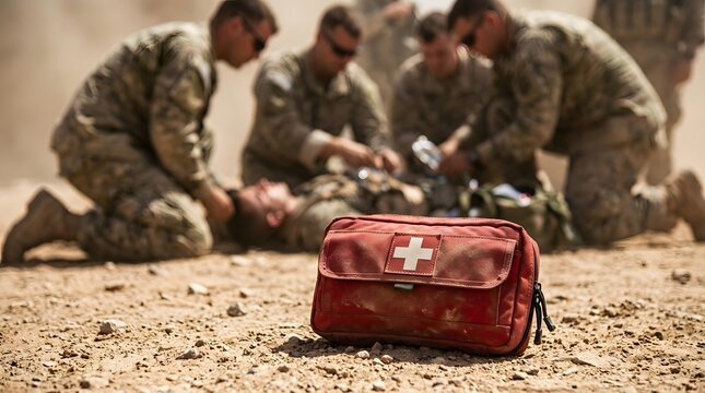 Red first aid kit with a white cross emblem resting on dusty ground as soldiers provide urgent medical care to an injured comrade.
