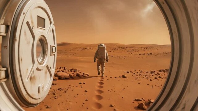 Astronaut walking on Mars surface viewed through open spaceship hatch. Panning shot of red planet landscape.
