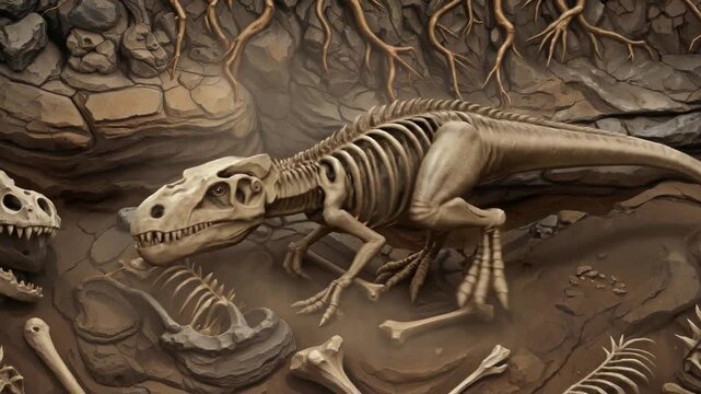 Dinosaur skeleton rising from fossil excavation site. Prehistoric predator bones coming to life in underground cavern. Panning and tilting camera movement.