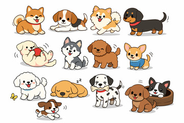 Fototapeta premium Cute Dogs Cartoon Set with Different Breeds, Puppies and Adorable Pet Characters Illustration