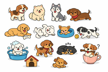 Obraz premium Cute Dogs Cartoon Set with Different Breeds, Puppies and Funny Pet Characters Illustration