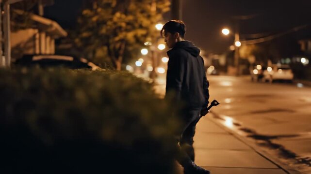 This captures a man walking alone at night with a crowbar in hand, raising concerns about safety and security in urban areas.