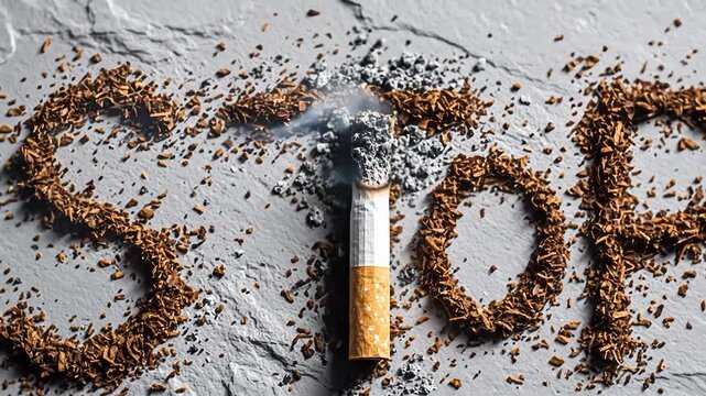 Stop smoking concept with cigarette ash and tobacco on stone surface