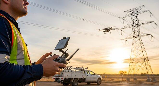 Engineer Using Drone to Inspect Power Transmission Lines