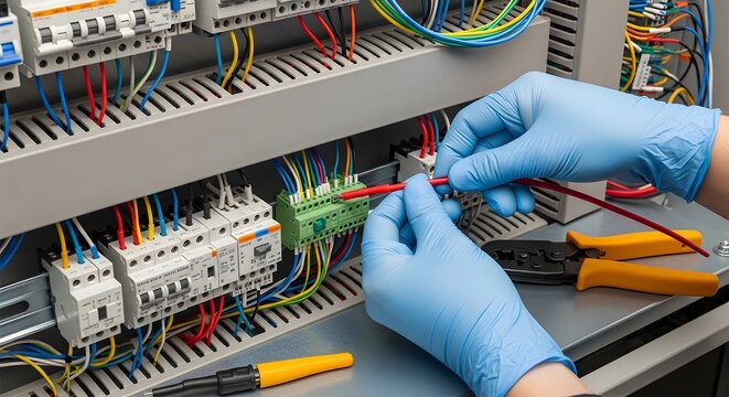 Electrician Hands Wiring Complex Industrial Fuse Box