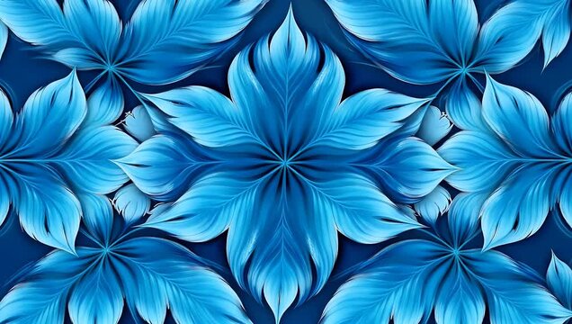 Artistic 4K abstract composition featuring overlapping blue leaf patterns symmetrical modern design focusing on bold organic geometry and natural symmetry