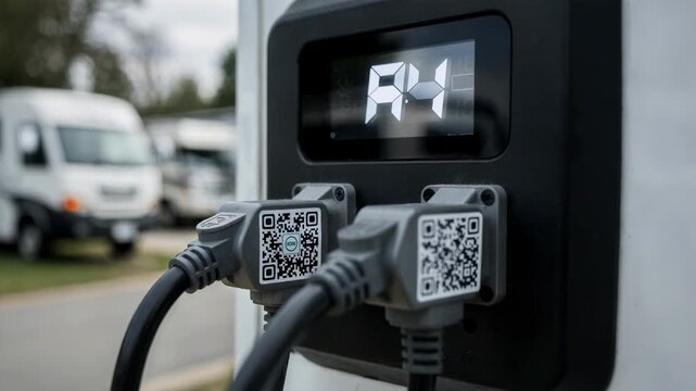 Closeup medium shot highlighting QRcoded sensor hookups on smart RV pedestal digital meter readout focused and foreground sharp with soft outoffocus background for depth.