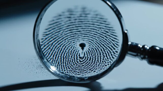 This shows a magnifying glass being used to examine a fingerprint at a crime scene. The fingerprint is being analyzed for evidence and clues to help solve a crime.