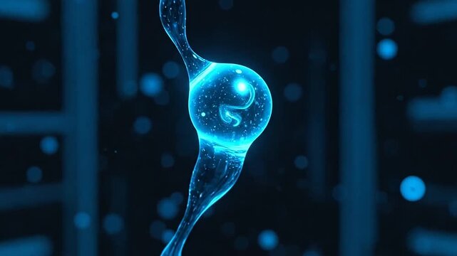 Abstract digital visualization of a glowing blue biological or neurological structure, symbolizing science, data, and interconnectedness on a dark background.