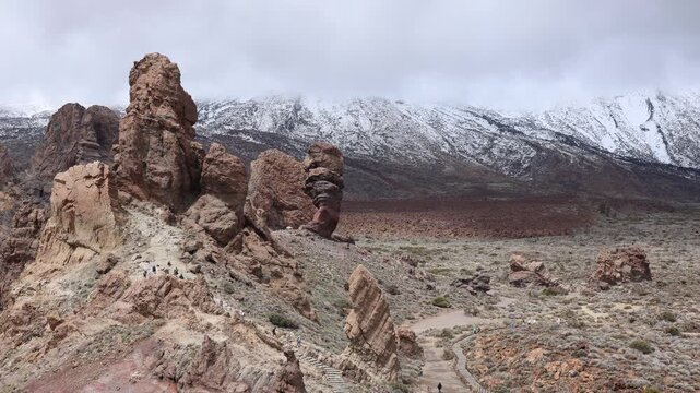 Snow covered Teide volcano landscape after storm Therese in Tenerife Canary Islands, dramatic clouds, volcanic terrain and winter conditions in subtropical island