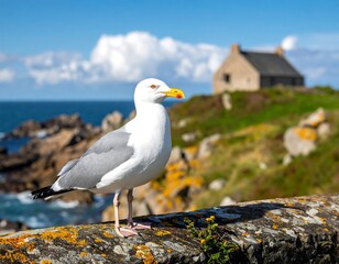 Naklejka premium Seagull perched on a mossy stone wall with ocean and house in the background