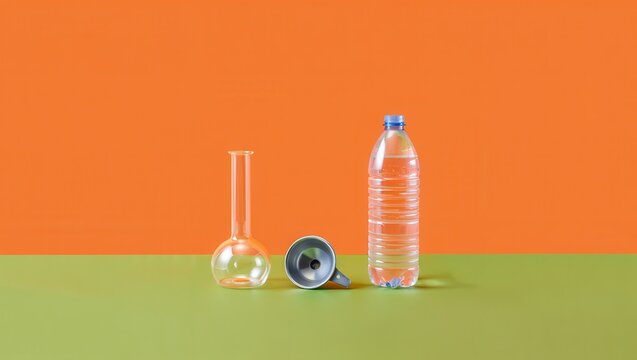 A still life arrangement of laboratory equipment and a plastic bottle on a table indoors.