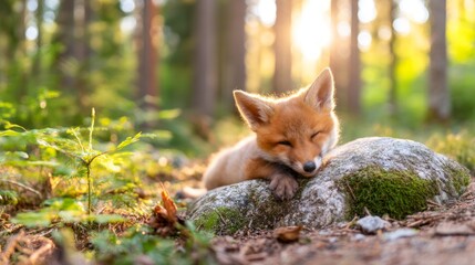Obraz premium Red Fox Cub Resting Against Mossy Stone in Tranquil Forest Setting