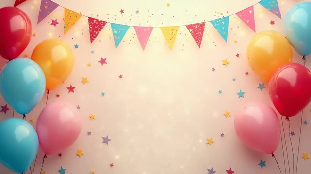Festive Birthday Party Background with Balloons, Confetti, and Fairy Lights.