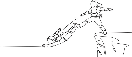 Fototapeta premium Single continuous line drawing young astronaut kick throw colleague off cliff or hill. Eliminate rival coworker. Rivalry and competition. One line draw graphic design vector