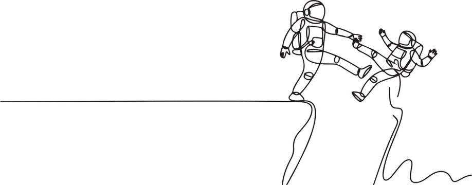 Single continuous line drawing young astronaut kick throw colleague off cliff or hill. Eliminate rival coworker. Rivalry and competition. One line draw graphic design vector