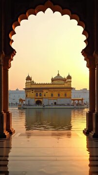 Scenic sunrise view of the Golden Temple, Amritsar, India, reflected in calm water and framed by a traditional arched entrance. Spiritual atmosphere, architectural beauty and travel inspiration.