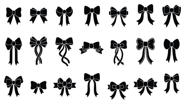 Various black bow tie icons in different styles and designs for decoration and illustration purposes
