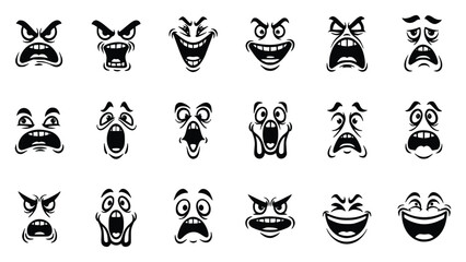 Fototapeta premium Various cartoon faces with different emotions and expressions on white background