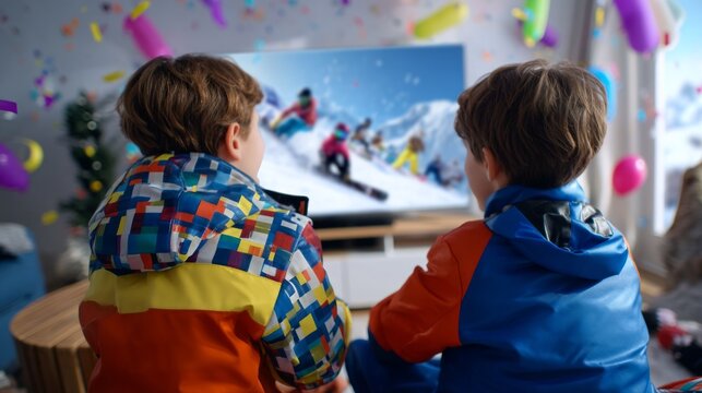 Kids Watching Snowboarding Competition on Television at Home in Winter