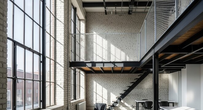 Industrial Loft Interior With Large Windows And Mezzanine Level