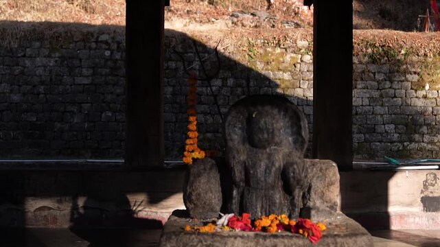 Close shot of Sacred deity inside temple in Kamru Nag, Himachal.