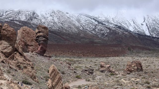 Snow covered Teide volcano landscape after storm Therese in Tenerife Canary Islands, dramatic clouds, volcanic terrain and winter conditions in subtropical island