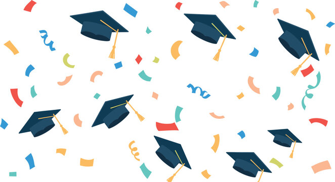 Seamless graduation pattern with mortarboard caps and colorful confetti scattered on light background for education celebration design and academic event decoration