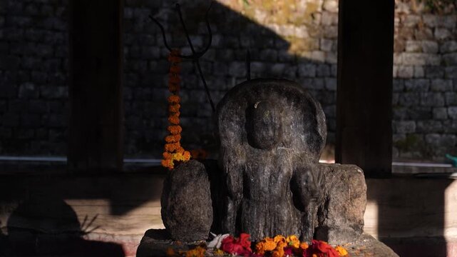 Close shot of Sacred deity inside temple in Kamru Nag, Himachal.