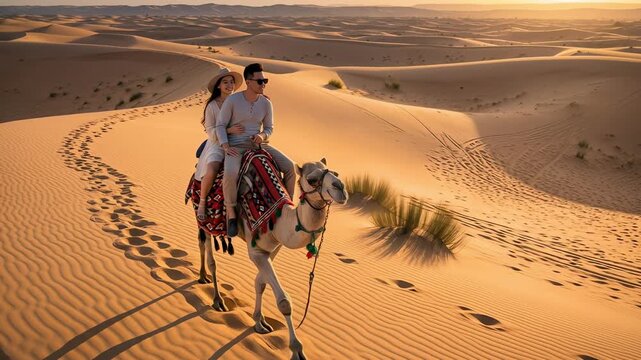 Couple riding camel through desert dunes during sunset  